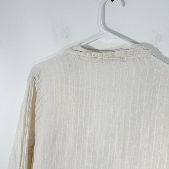 CP Shades Tan 100% Linen Stripe Long Sleeve Lagenlook V Neck Tunic Top Medium - Picture 13 of 15